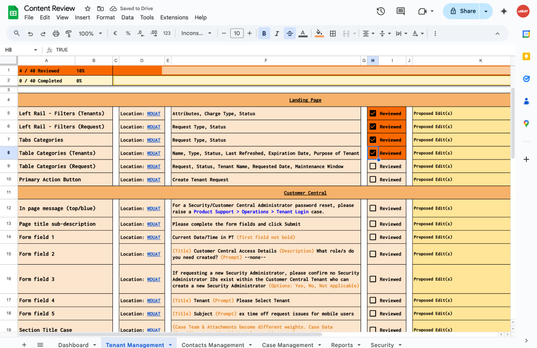 Contribution model content tracking sheet for migration reviews